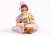 Load image into Gallery viewer, Dollhouse Miniature ~ Hand Sculpted Doll Baby Girl in Purple Dress &amp; Bonnet with Yellow Bow and Binky Artisan Made Victorian Nursery
