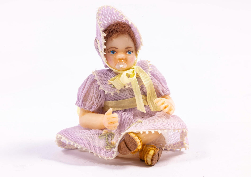 Dollhouse Miniature ~ Hand Sculpted Doll Baby Girl in Purple Dress & Bonnet with Yellow Bow and Binky Artisan Made Victorian Nursery