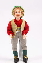 Load image into Gallery viewer, Christmas Elf Porcelain Doll in Red shirt, Gray Pants, &amp; Green Hat Debra Hammond Artisan Made Santa Claus Xmas
