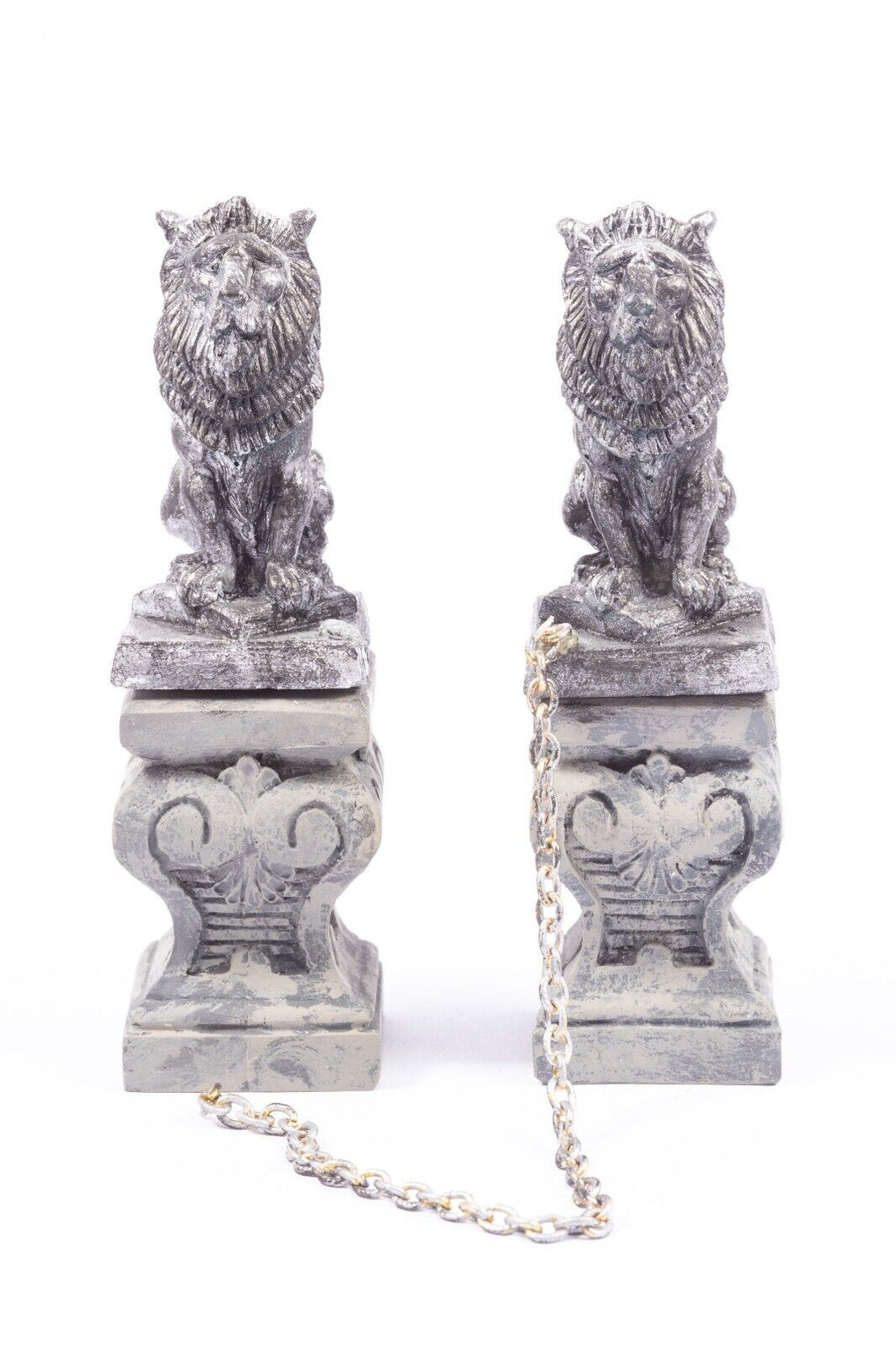 Pair of Lion Statues on Pedestals with Chain - Silver