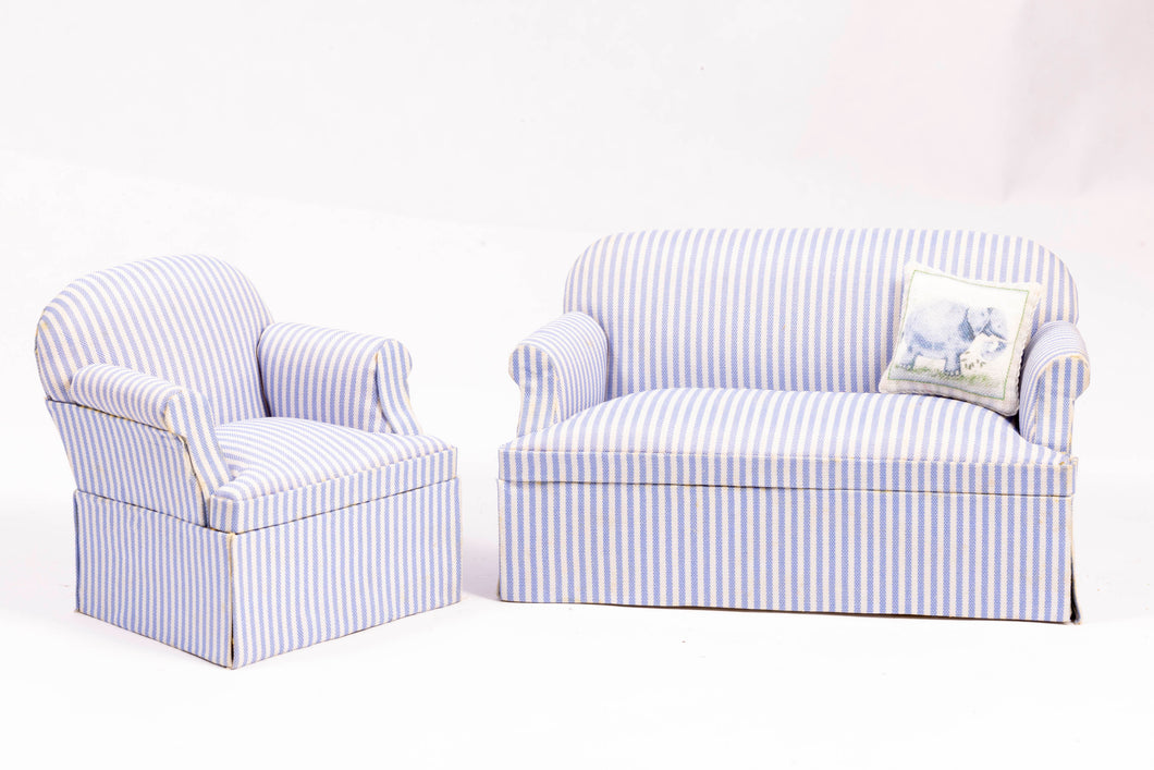 Blue Striped Sofa & Chair