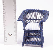 Load image into Gallery viewer, Blue Wicker Chair with Striped Blue Cushion
