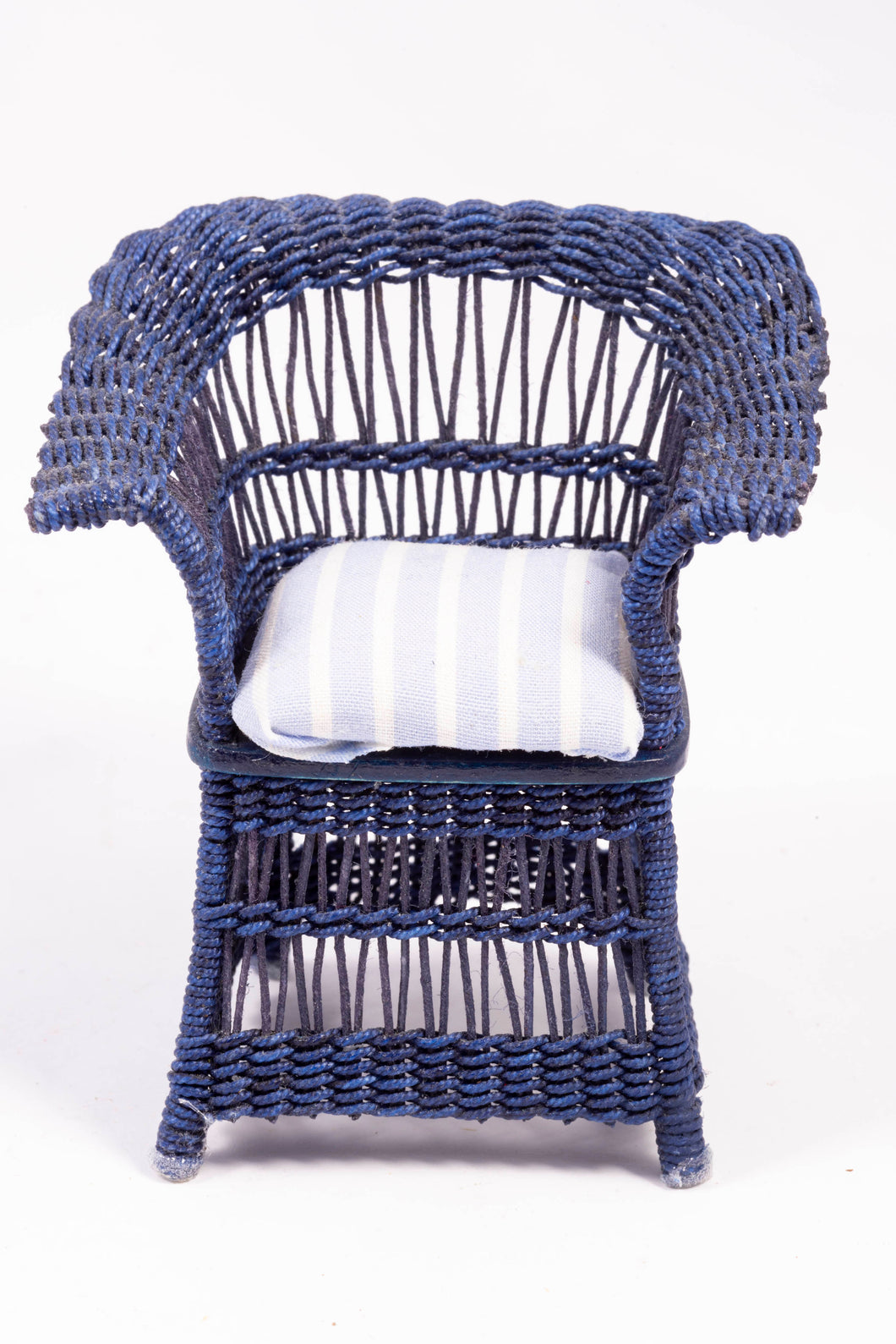 Blue Wicker Chair with Striped Blue Cushion