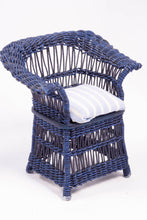 Load image into Gallery viewer, Blue Wicker Chair with Striped Blue Cushion
