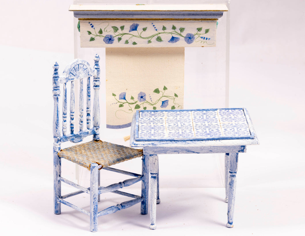 Kitchen Table & Chair with Tile in Blue with Curtain