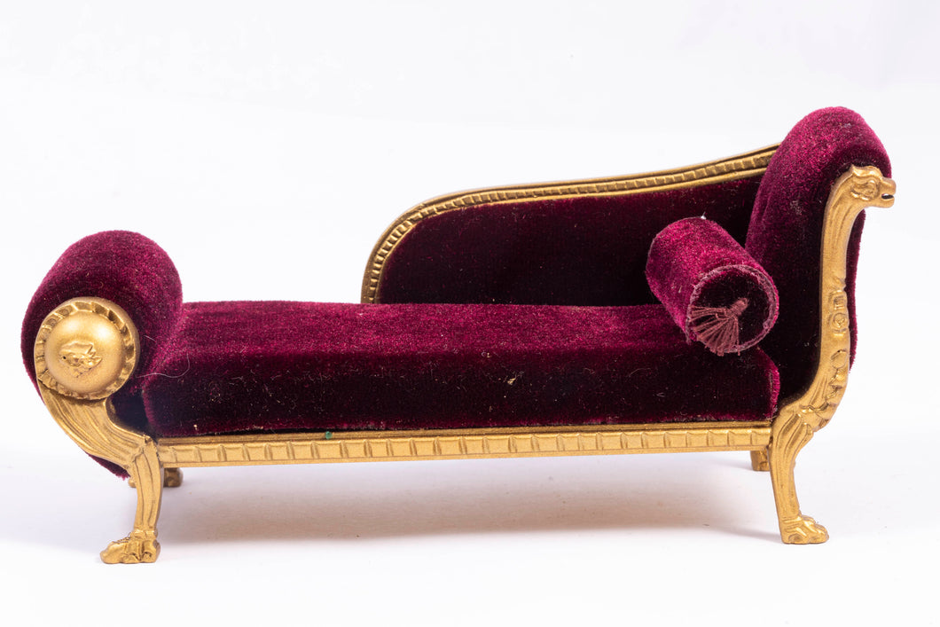 Gold Chaise Lounge with Burgundy Fabric
