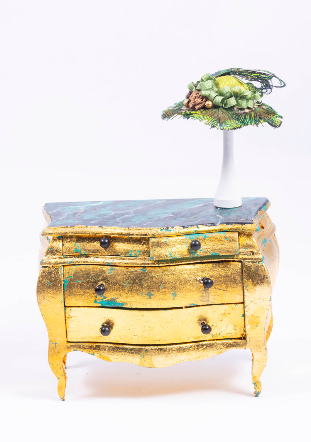 Ladies Dresser with Green Hat on Stand