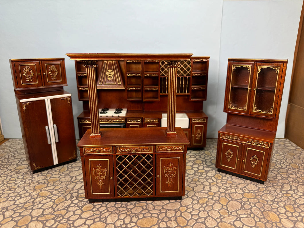 Dollhouse Miniature ~ Vintage Hansson Miniatures 5 Piece Mahogany & Gold Kitchen Set