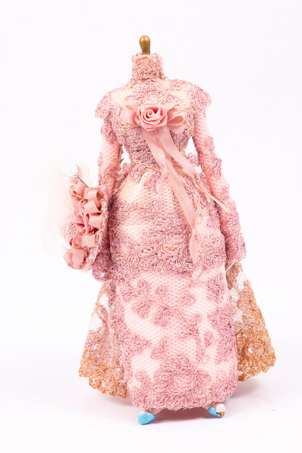 Pink Silk Dress with Pink Lace on Mannequin, Miniature Rose