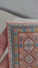 Load and play video in Gallery viewer, Dollhouse Miniature ~ Petit Point Pastel Pink and Blue Hieroglyphic-Style Rug - Ursula Sauerberg
