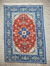 Load image into Gallery viewer, Dollhouse Miniature ~ Petit Point Turkish-Style Red and Navy Accents Rug Ursula Sauerberg
