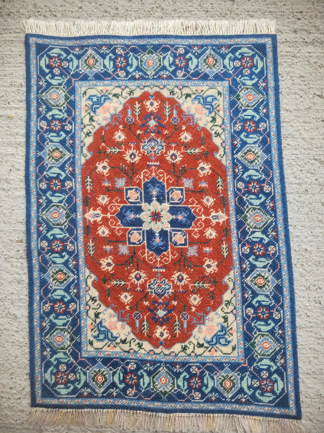 Dollhouse Miniature ~ Petit Point Turkish-Style Red and Navy Accents Rug Ursula Sauerberg
