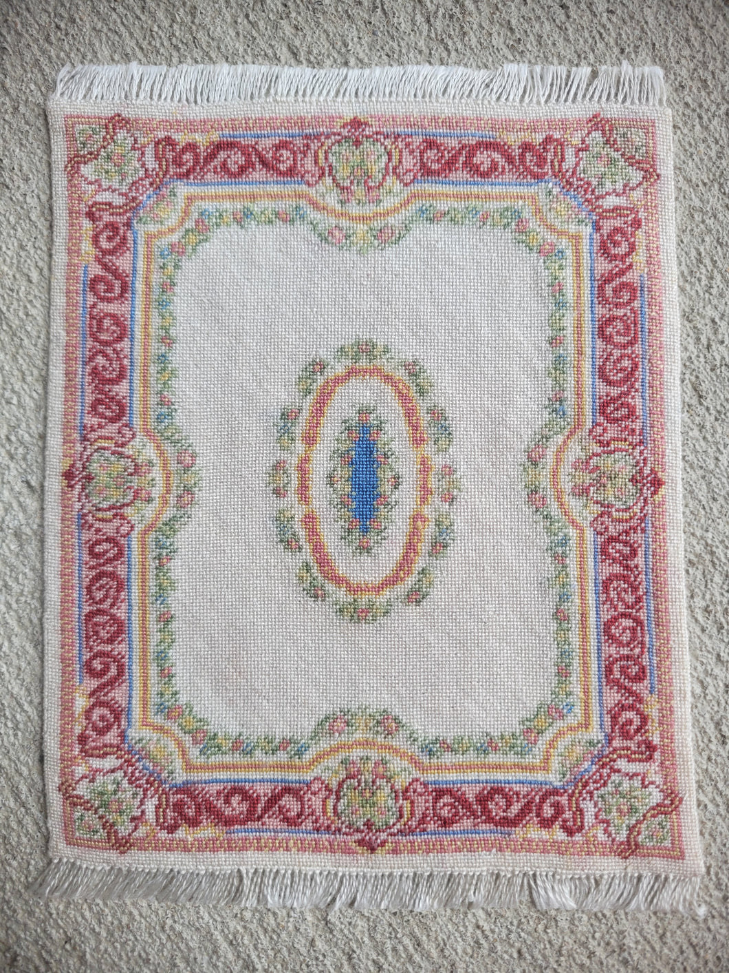 Dollhouse Miniature ~ Petit Point Baroque-Style Rug with Elaborate Central Motif and Decorative Trim - Ursula Sauerberg