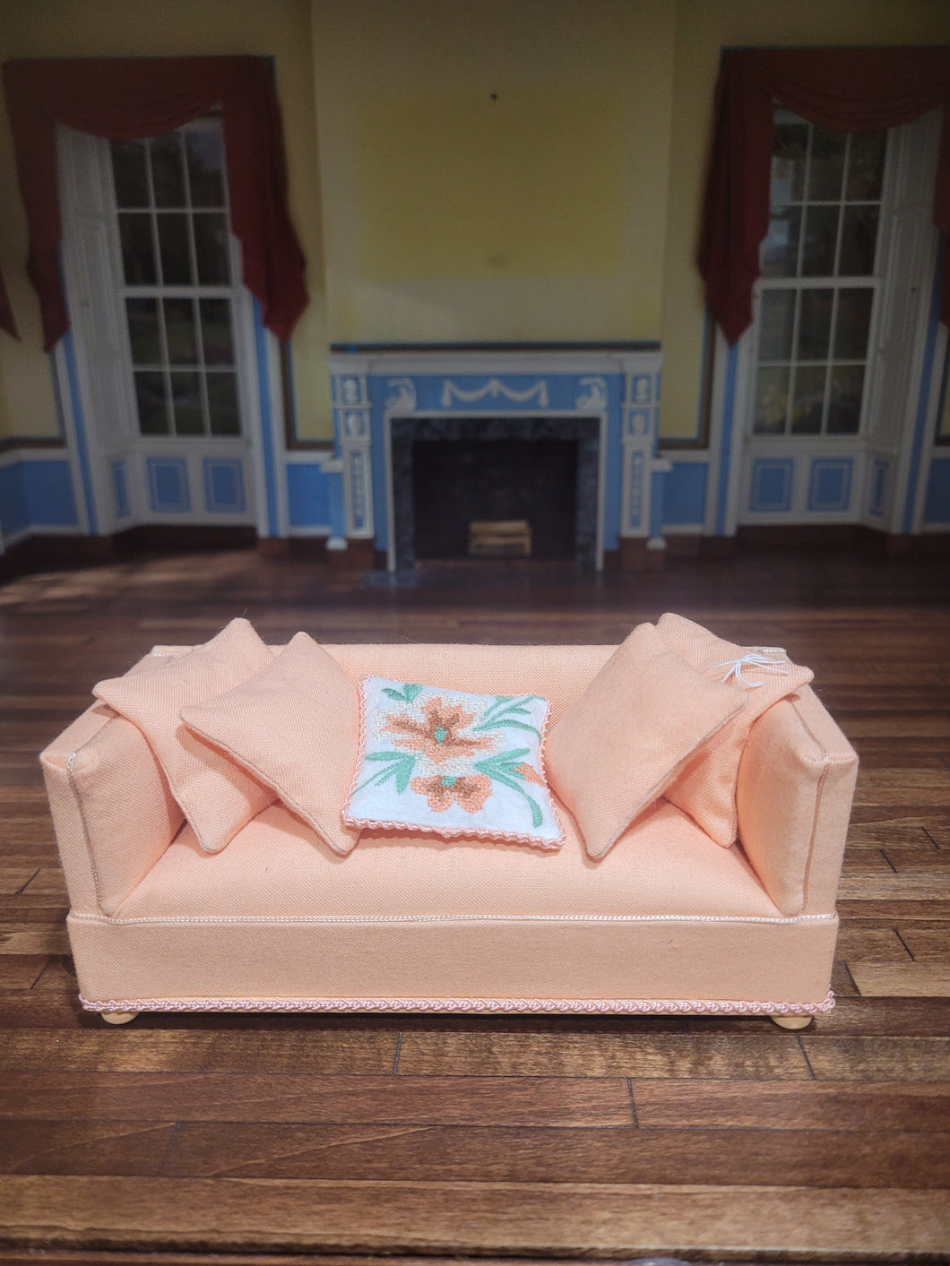 Light Peach-Colored Sofa with 5 Pillows
