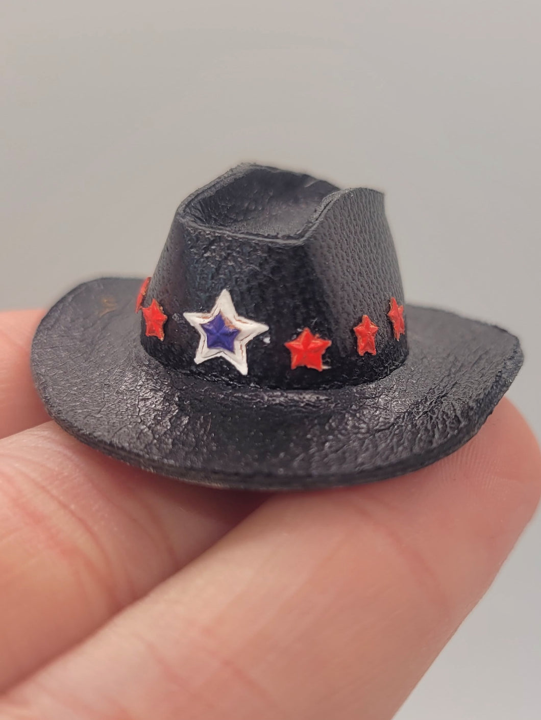 Dollhouse Miniature ~ Black Leather Cowboy Hat with Star Decorations