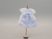 Load image into Gallery viewer, Blue Dress with White Lace Detailing on Wooden Stand - by Cheryl Warder
