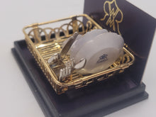 Load image into Gallery viewer, Dollhouse Miniature ~ 1:12 Scale, Blue Floral China Plate in Golden Drying Rack with Silverware
