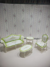 Load image into Gallery viewer, Hannison Formal 4 Piece Green &amp; White Hand Painted Living Room Couch , Chair, Coffee, Side Table Set
