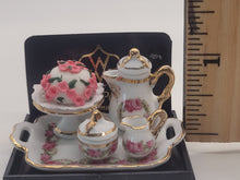 Load image into Gallery viewer, Dollhouse Miniature ~ 1:12 Scale, Rose Cake with Rose-Themed Tea Set, Gold Trim by Reutter Porcelain
