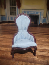Load image into Gallery viewer, Handmade Ornate Light Blue Side Chair w/ Dark Walnut Wood
