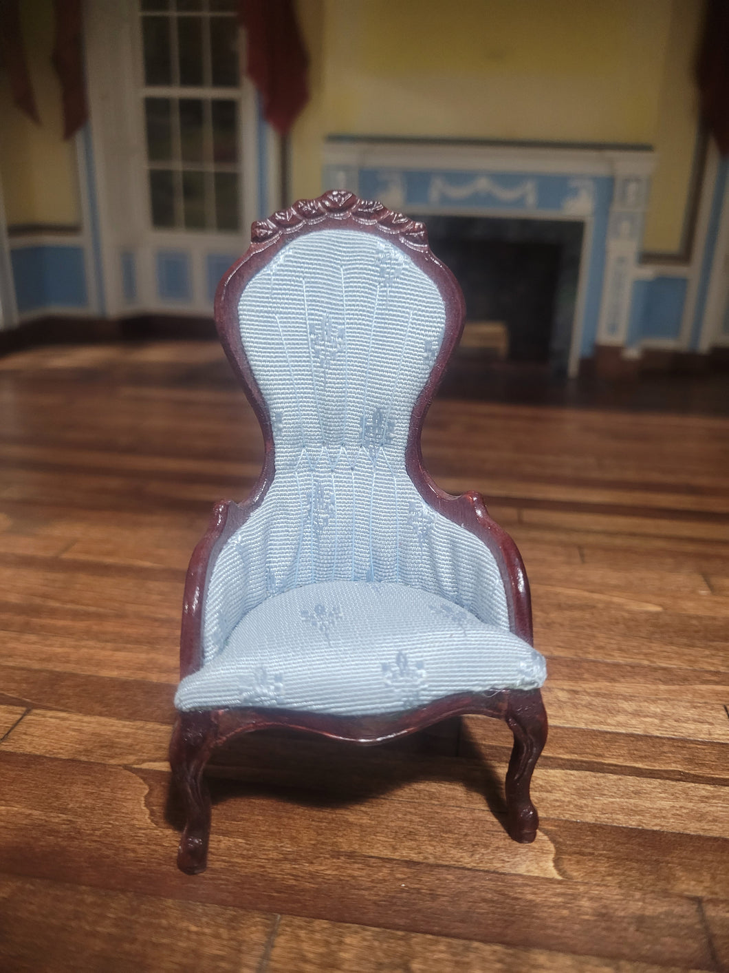 Handmade Ornate Light Blue Side Chair w/ Dark Walnut Wood