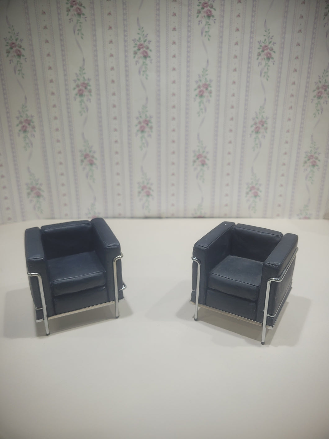 2 Black Faux Leather Chrome Art Deco Living Room Chairs