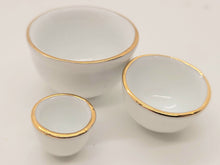 Load image into Gallery viewer, Dollhouse Miniature ~ 3pc Set of Stacking Porcelain Bowls with Gold Rim
