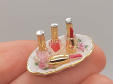 Load image into Gallery viewer, Dollhouse Miniature ~ 1:12 Scale, Lipstick and Nail Polish on Floral Tray by Reutter Porcelain
