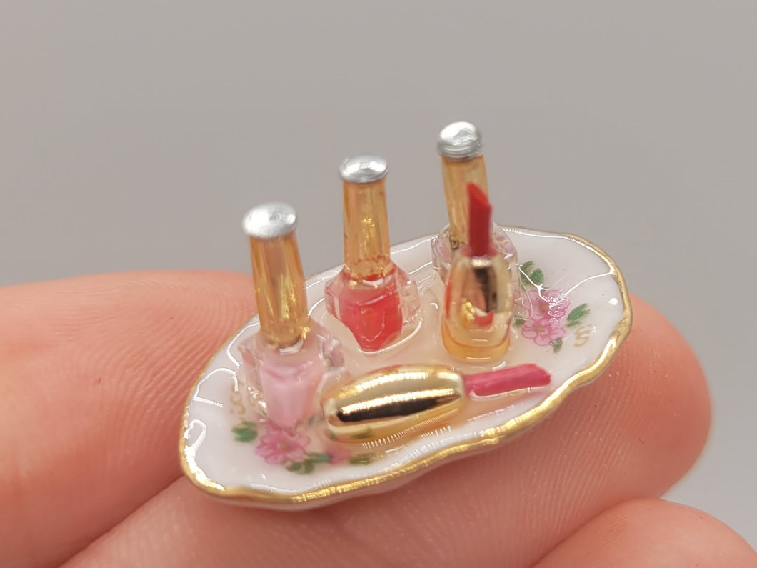 Dollhouse Miniature ~ 1:12 Scale, Lipstick and Nail Polish on Floral Tray by Reutter Porcelain