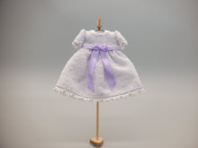 Load image into Gallery viewer, Purple and White Polka Dot Dress with Violet Bow – By Cheryl Warder
