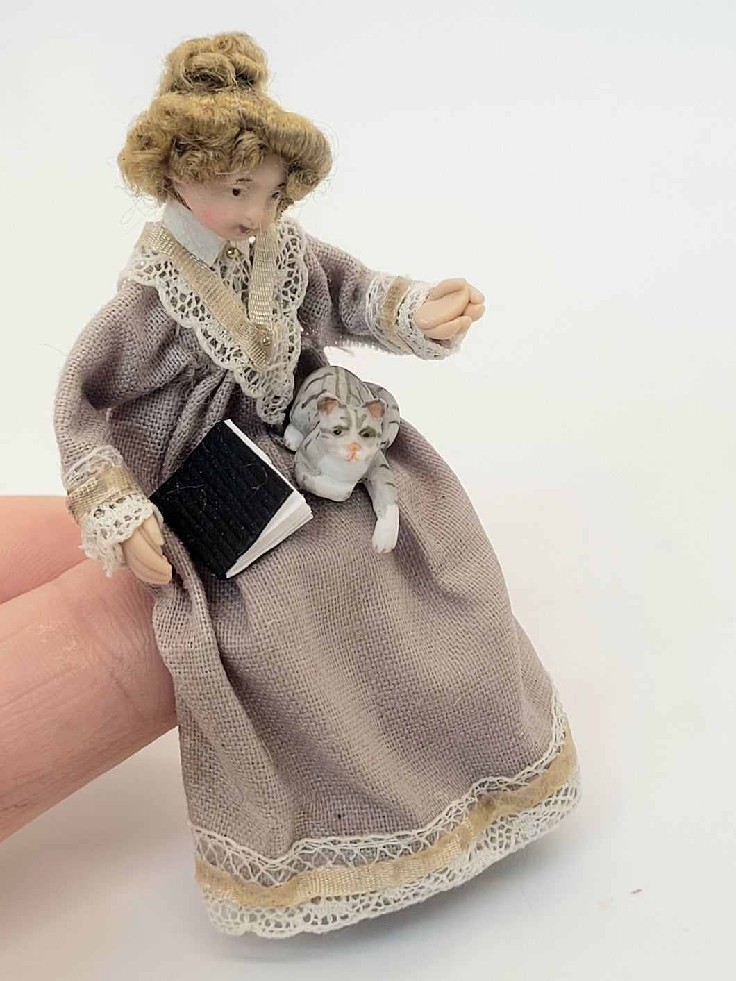 Handmade Victorian Doll Sitting with Book & Cat