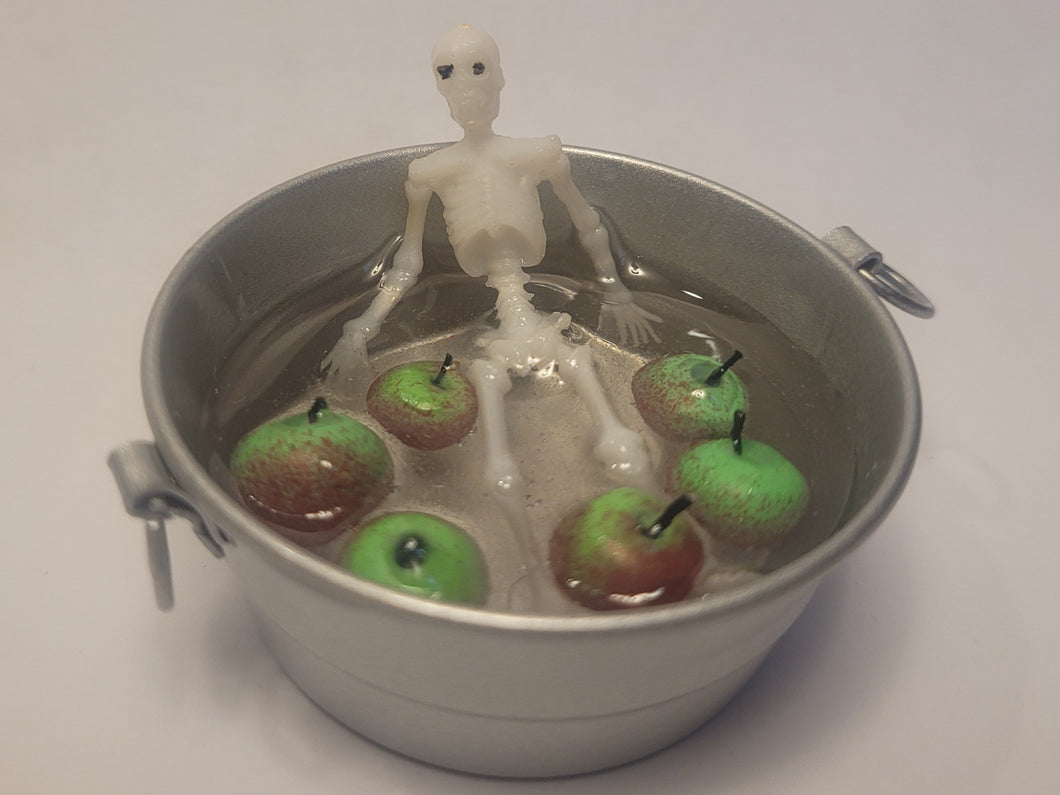 Skeleton Bobbing for Apples in Galvanized Tub