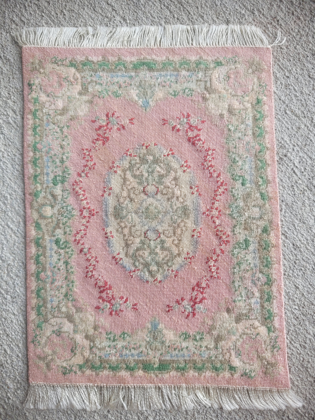 Dollhouse Miniature ~ Petit Point Coral & Lime Rug with Intricate Baroque Detailing and Centerpiece Design - Ursula Sauerberg