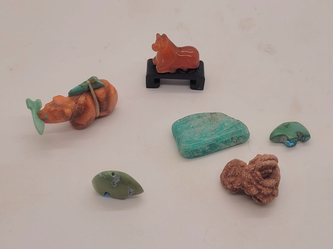 Dollhouse Miniature ~ 1:12 Scale, 6pc Stone Set, Carved Animals, Desert Rose, Mexican Turquoise