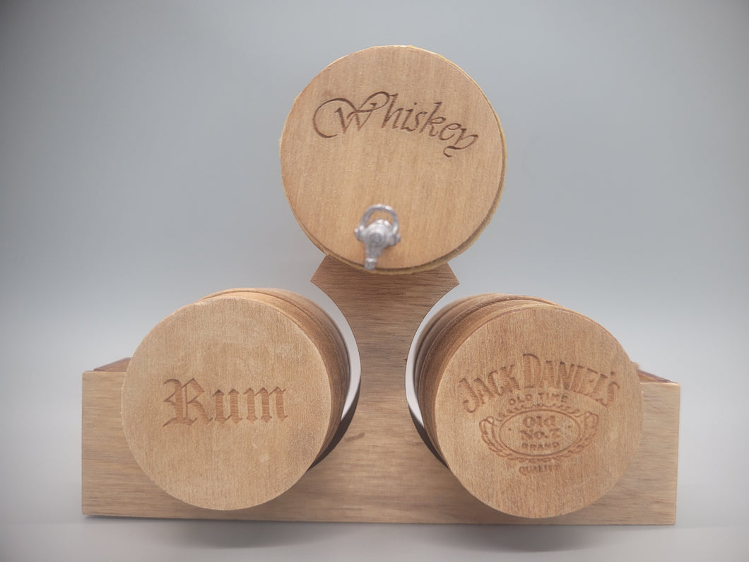 Large Triple Wooden Barrel Display Stand - Whiskey, Rum, and Jack Daniel's Set