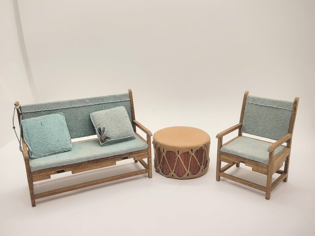Dollhouse Miniature ~ 1:12 Scale, 3pc Living Room Set Including Sofa, Chair, and Leather Drum Table
