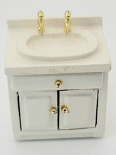 Load image into Gallery viewer, Dollhouse Miniature ~ ½&quot; Scale, White Sink with Gold Fixtures &amp; Drawer Knobs
