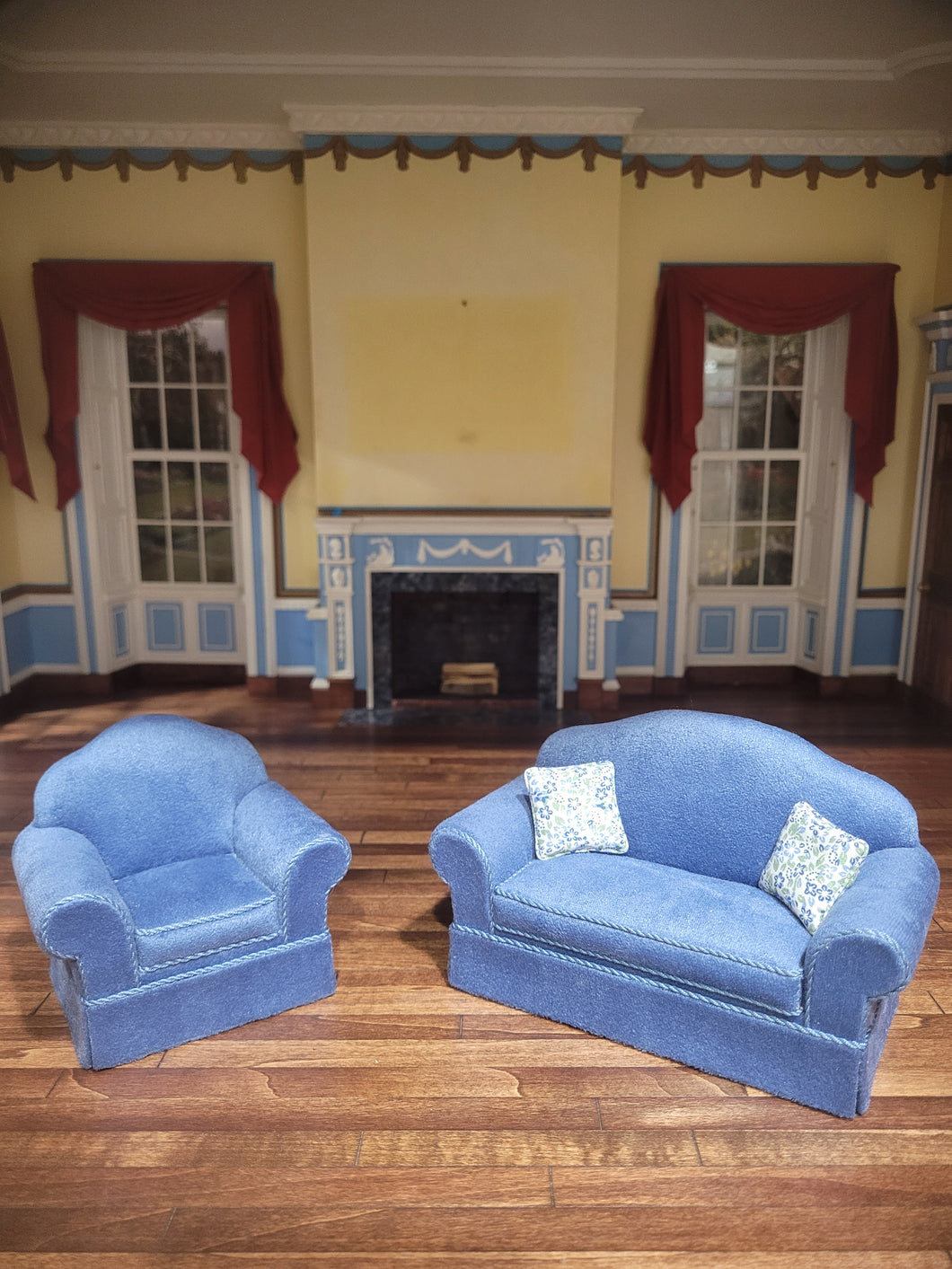 Blue Velvety 2pc Couch & Chair Set with Pillows