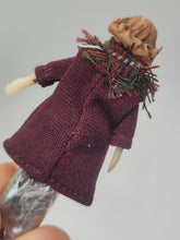 Load image into Gallery viewer, Dollhouse Miniature ~ 1/2&quot; Scale, Female Doll with Red Coat and Scarf with Black Pants &amp; Shoes

