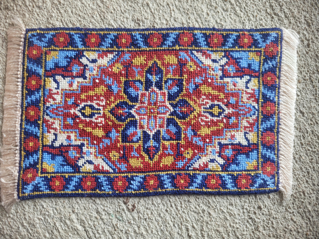 Dollhouse Miniature ~ Petit Point Classic Heriz-Style Rug with Floral Star Medallion and Tribal Borders - Ursula Sauerberg
