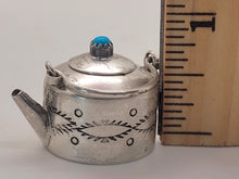 Load image into Gallery viewer, Dollhouse Miniature ~ 1:12 Scale, 6pc Sterling Silver w/ Mexican Turquoise Detailing Set + Silver Cowboy Statue
