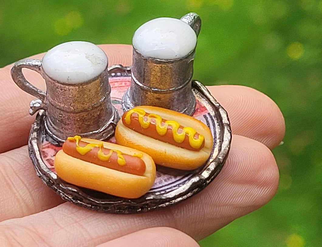 Hotdogs and Beer on Metal Tray
