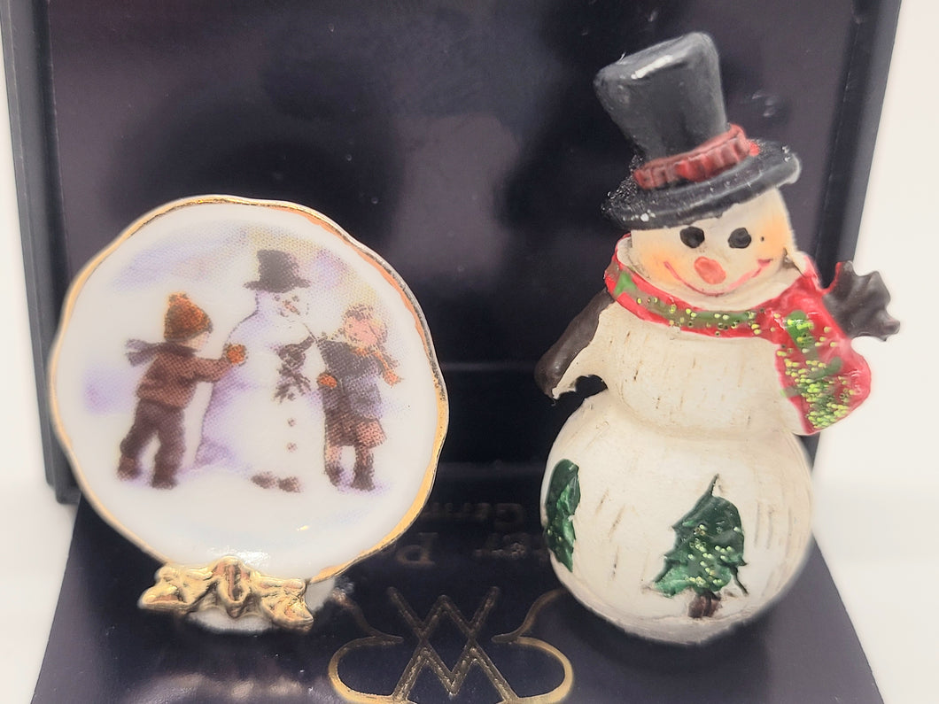 Dollhouse Miniature ~ 1:12 Scale, Snowman Figure & Snowman Plate, by Reutter Porcelain