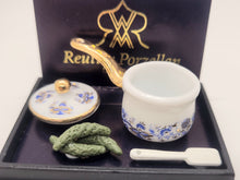 Load image into Gallery viewer, Dollhouse Miniature ~ 1:12 Scale, Blue Onion Pattern Pot with Cucumbers and Spatula, by Reutter Porcelain
