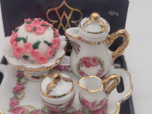 Load image into Gallery viewer, Dollhouse Miniature ~ 1:12 Scale, Rose Cake with Rose-Themed Tea Set, Gold Trim by Reutter Porcelain
