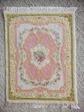 Load image into Gallery viewer, Dollhouse Miniature ~ Petit Point Coral &amp; Cream Ornamental Rug with Rococo Flourishes and Central Bloom- Ursula Sauerberg
