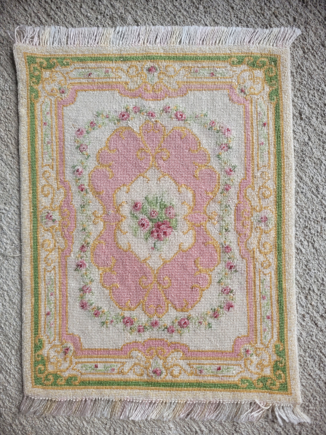 Dollhouse Miniature ~ Petit Point Coral & Cream Ornamental Rug with Rococo Flourishes and Central Bloom- Ursula Sauerberg