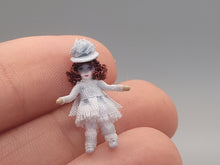 Load image into Gallery viewer, ¾&quot; Brunette Doll in Light Grey Dress and Fancy Hat – by Cheryl Warder
