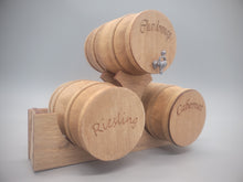 Load image into Gallery viewer, Large Triple Wooden Barrel Display Set with Wooden Stand  - Chardonnay, Riesling, and Cabernet
