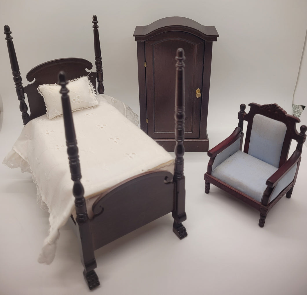 Mahogany Bed with Wardrobe & Blue Chair Set